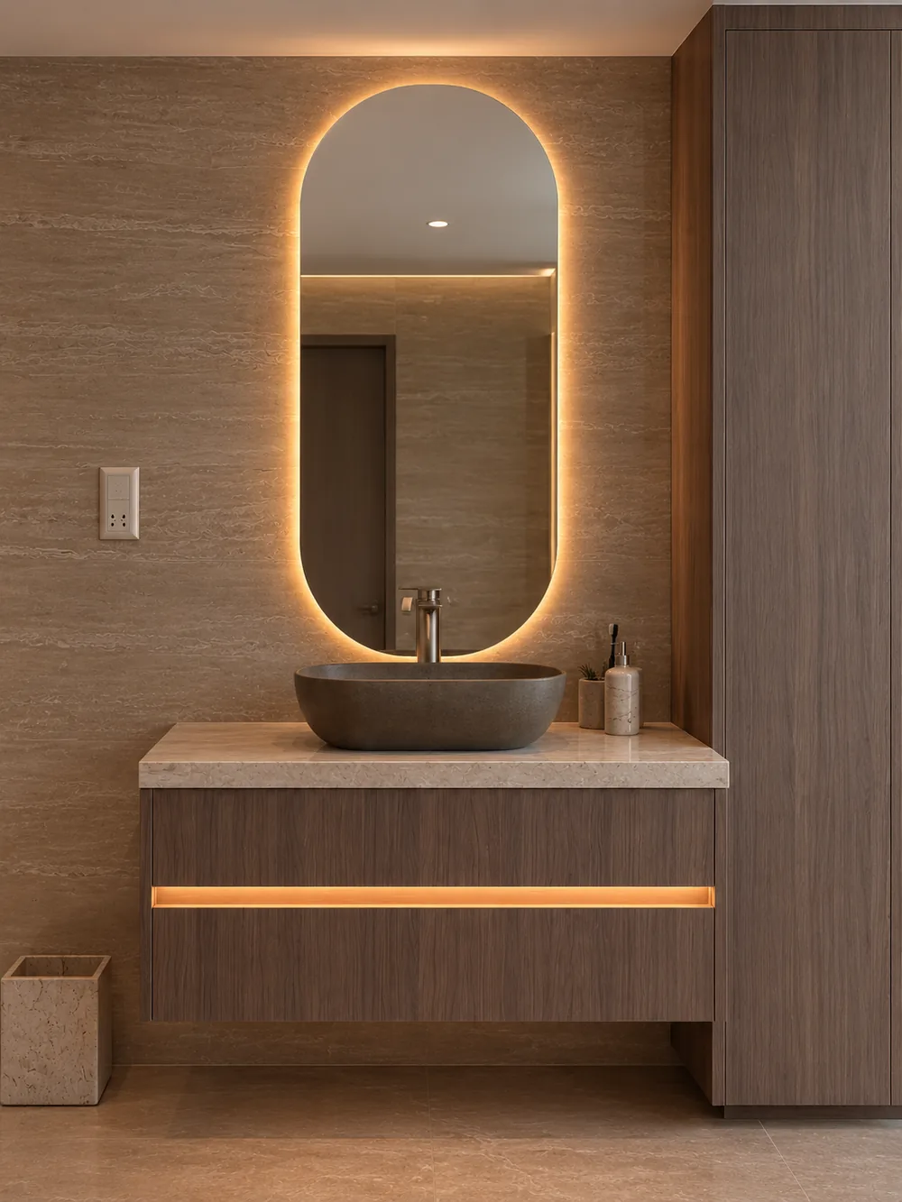 Floating wood vanity with backlit oval mirror and stone basin