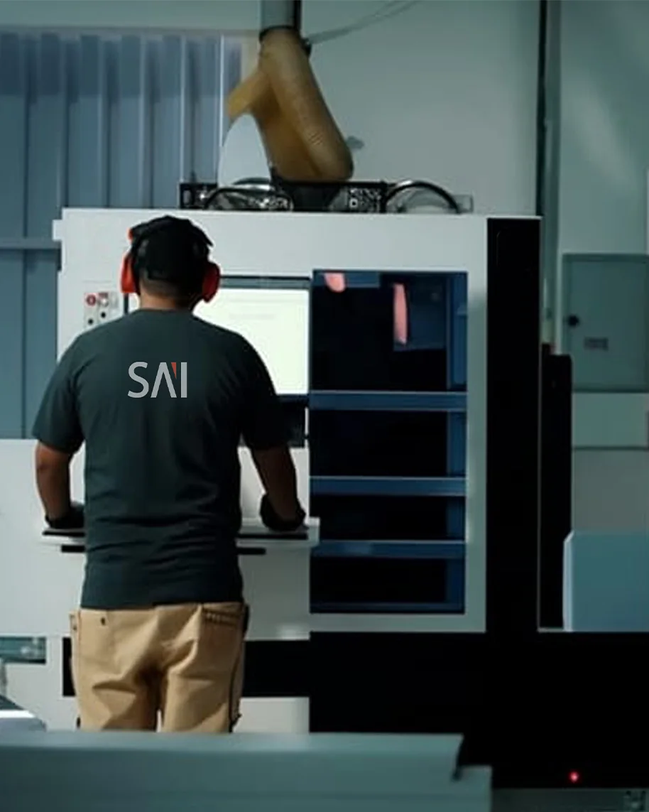 SAI technician operating a CNC machine in the factory