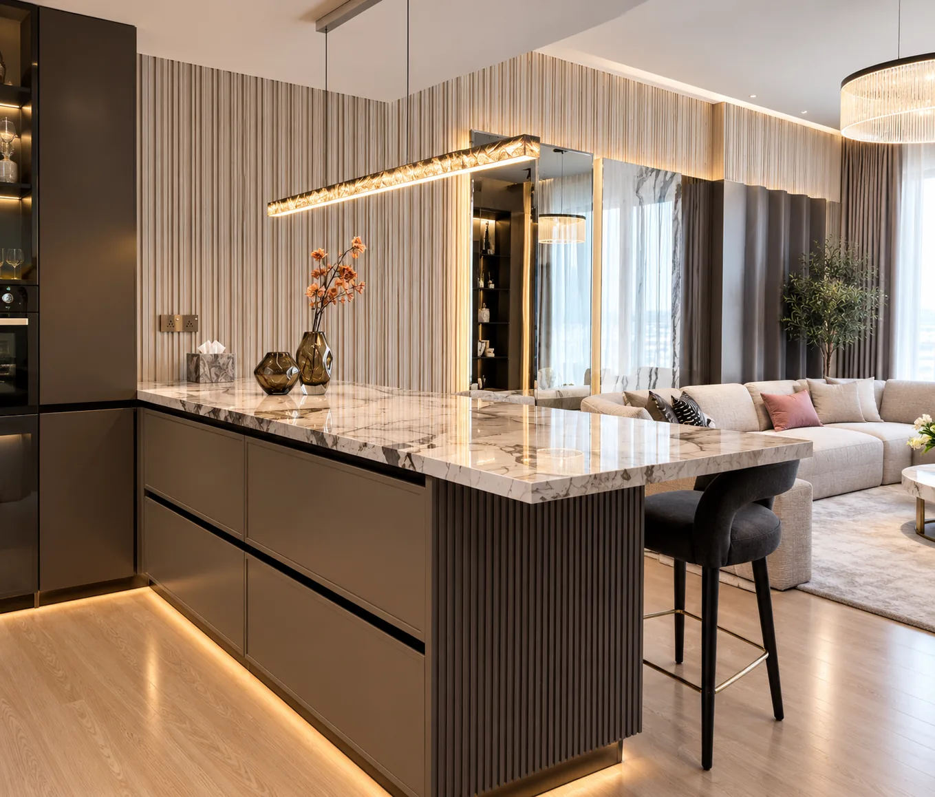 Marble kitchen peninsula opening onto the living room, Dubai Harbour