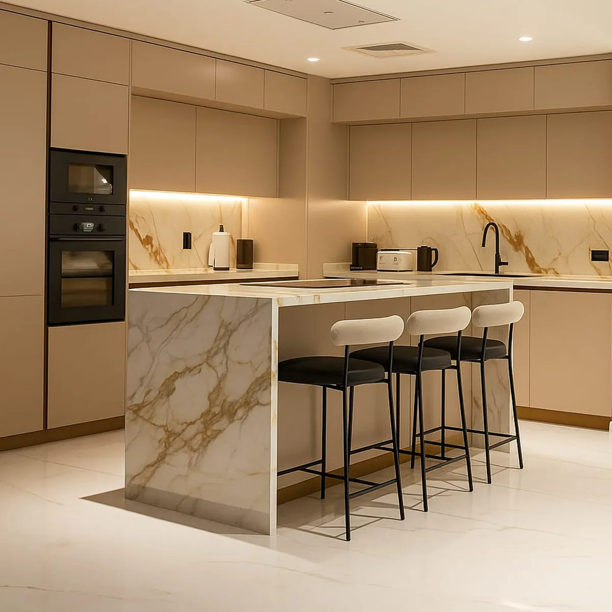Luxury kitchen with marble island and bar stools
